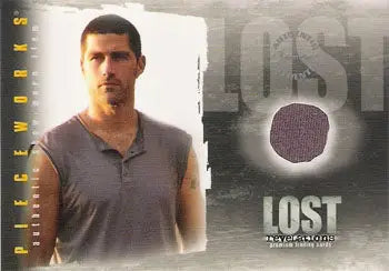 Trading card of Matthew Fox in costume card featuring LOST logo and fabric swatch