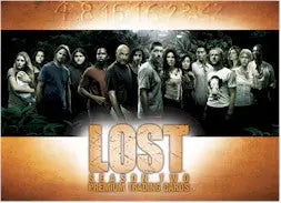 Promotional poster for Lost with ensemble cast on San Diego Comic Con promo card