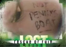 Hand holding paper with NOT PENNY’S BOAT in Lost Season 3 case topper for trading cards
