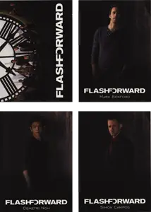 Four-panel promo set for Flash Forward featuring a clock and shadowy figures