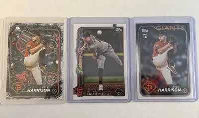 Three Kyle Harrison 2024/25 Topps Giants rookie and Future Stars baseball cards
