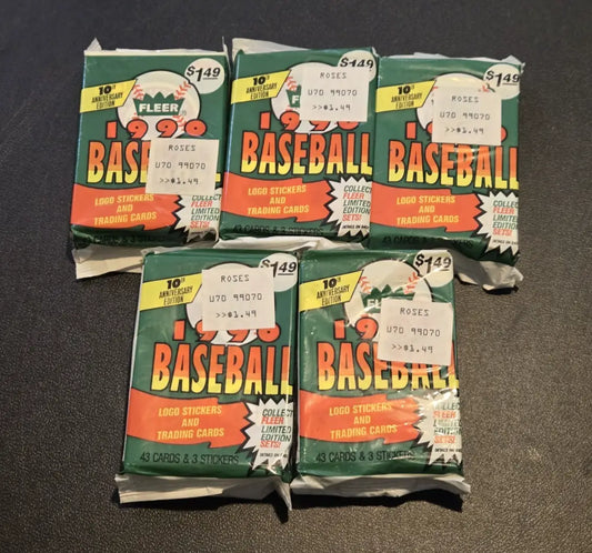 Lot of 5 Fleer 1990 Baseball Fat Packs Sealed – 215 Cards + 15 Stickers - Baseball Card Box