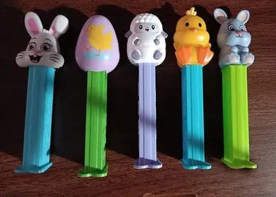 Lot of 5 PEZ Animal Head Easter Dispensers Chick Rabbit Lamb Egg Pre-Owned