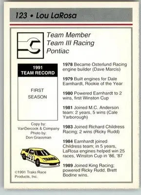 Lou LaRosa - 1991 Traks - #123 - RC Racing - Racing Card Single