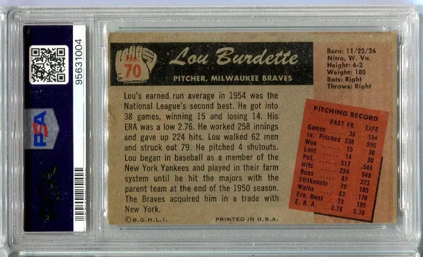 Lou Lew Burdette Signed 1955 Bowman #70 PSA DNA Authentic AUTO Milwaukee Braves - Baseball Card Single