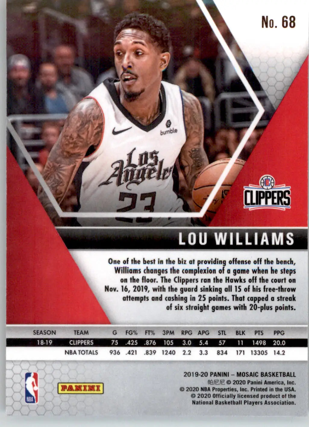 Lou Williams - 2019-20 Panini Mosaic - #68 - Basketball - Basketball Card Single