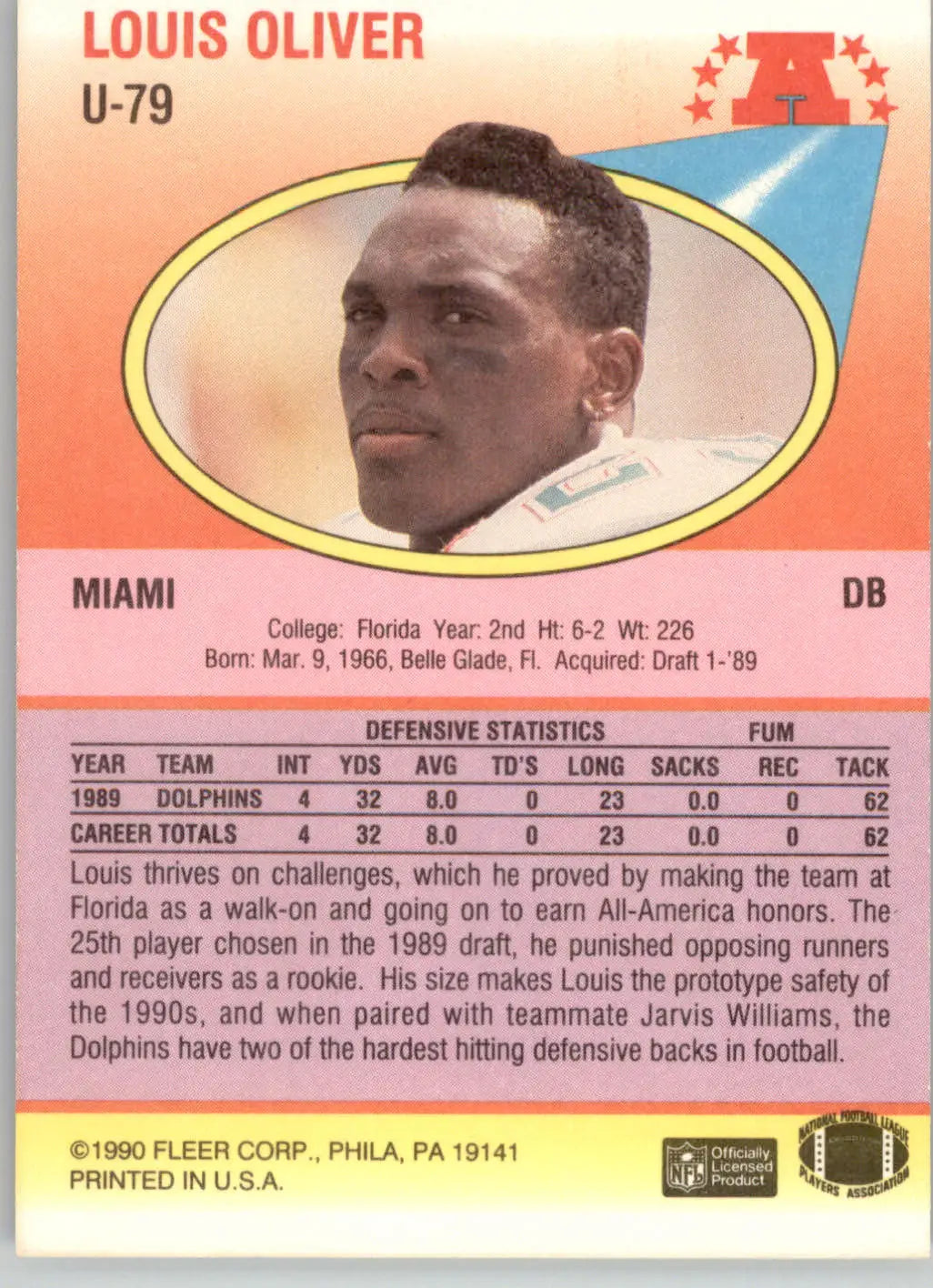 Louis Oliver - 1990 Fleer Update - #U-79 - Football