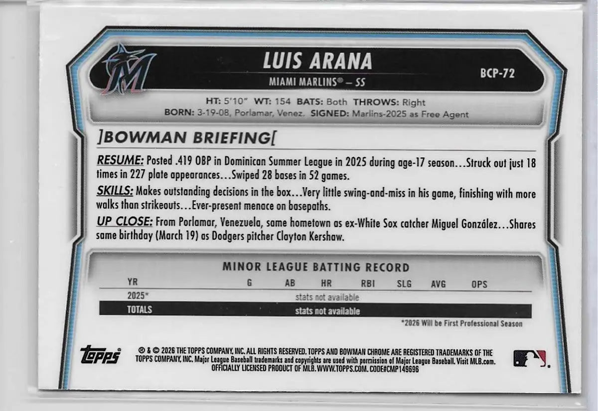 Luis Arana 2026 Bowman Chrome Mojo Refractor #BCP-72 Marlins (1303) - Baseball Card Single