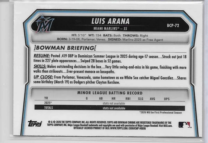 Luis Arana 2026 Bowman Chrome Mojo Refractor #BCP-72 Marlins (1303) - Baseball Card Single