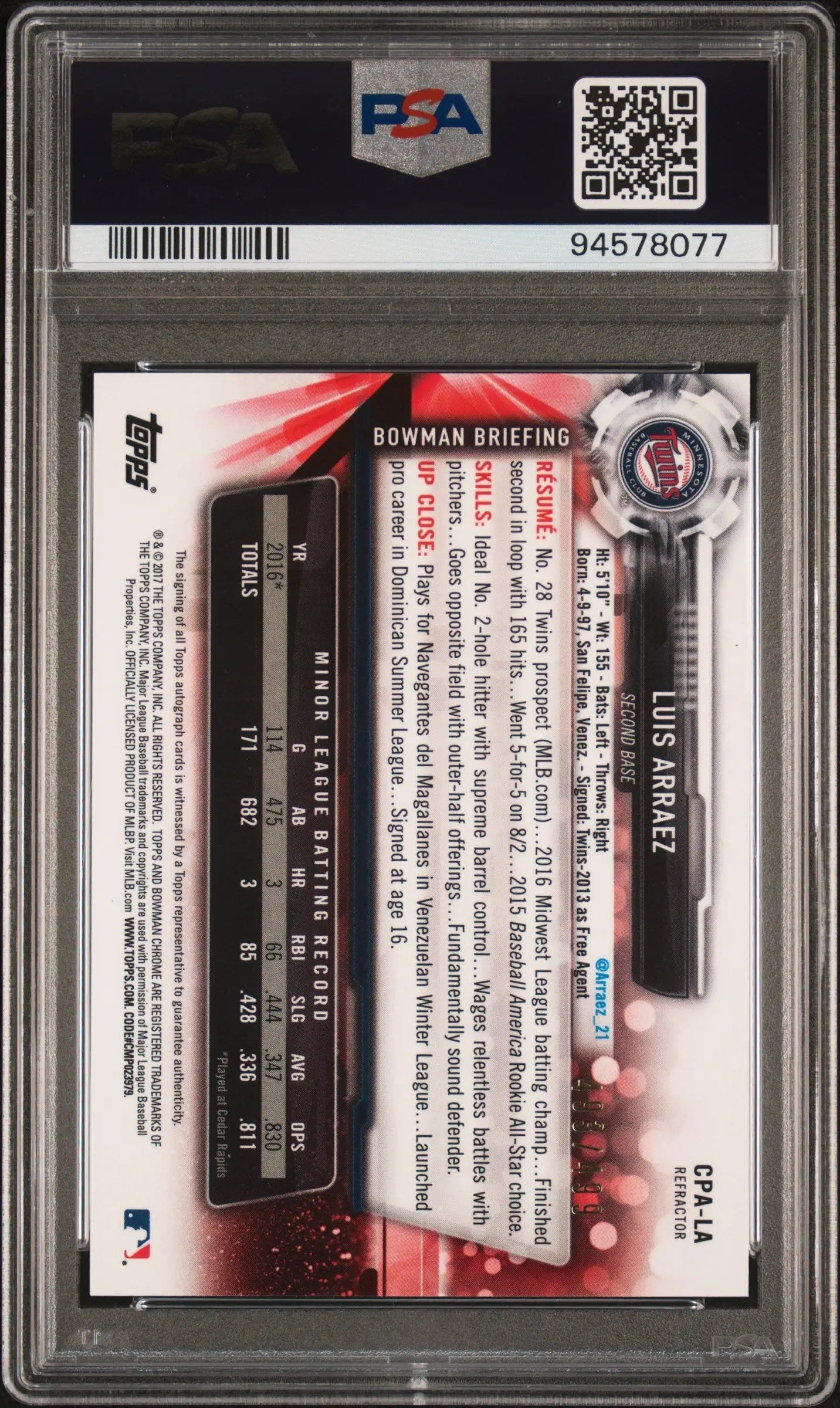 PSA-graded back of Luis Arraez 2017 Bowman Chrome Refractor Auto baseball card
