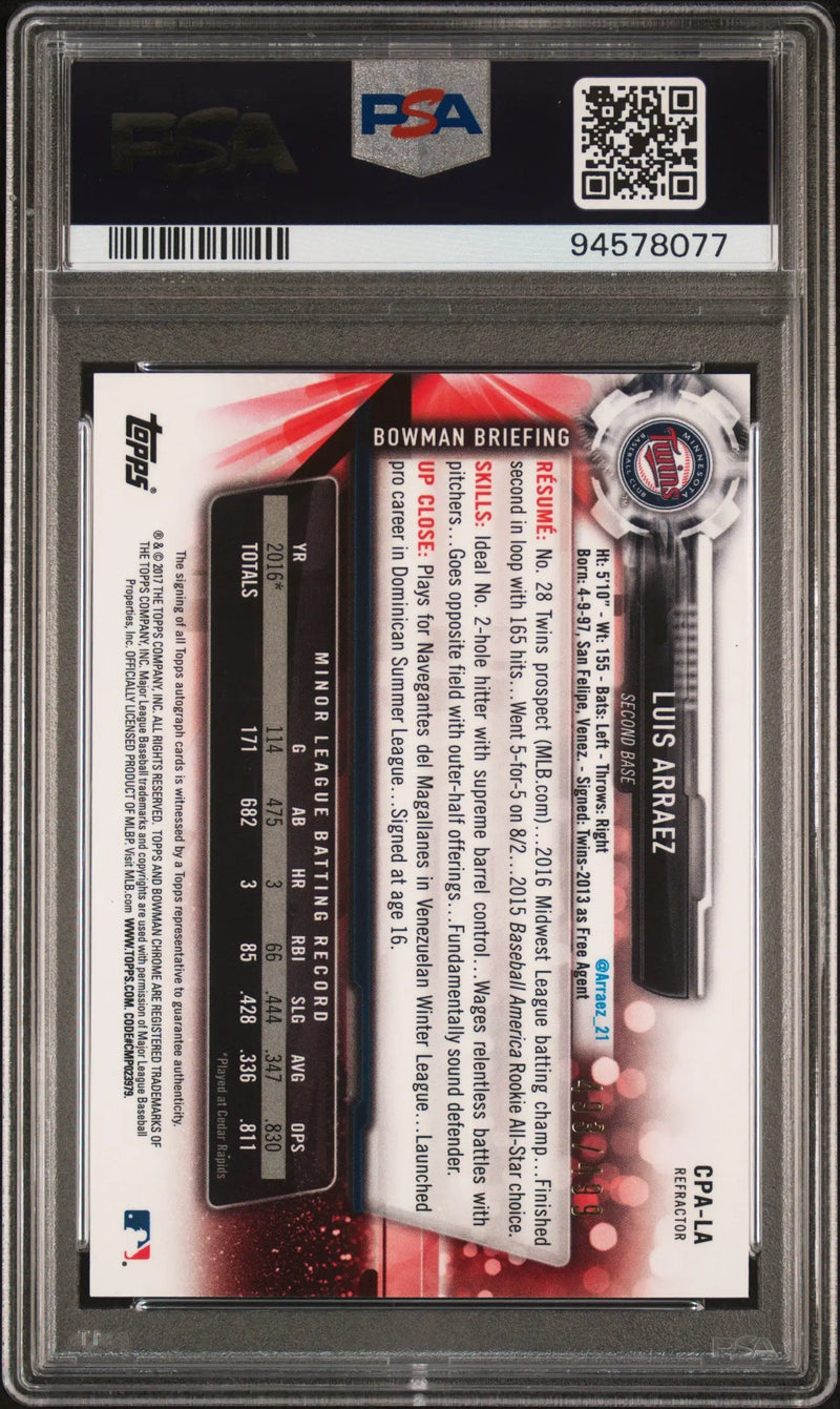 PSA-graded back of Luis Arraez 2017 Bowman Chrome Refractor Auto baseball card