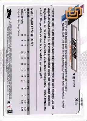 Luis Patiño Rookie 2021 Topps #205a San Diego Padres - Baseball Card Single