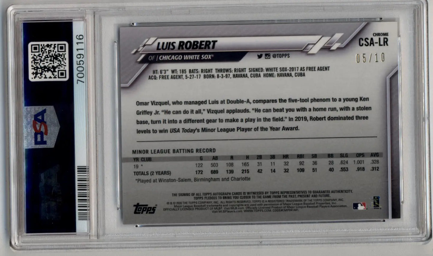 PSA-graded Luis Robert 2020 Topps Chrome Sapphire Auto Purple Refractors card