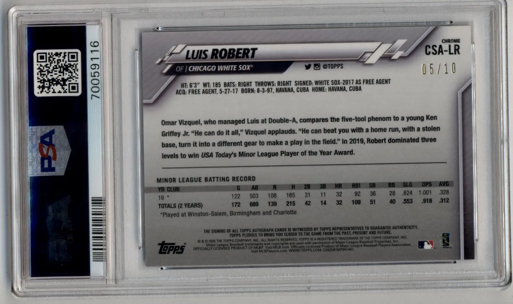 PSA-graded Luis Robert 2020 Topps Chrome Sapphire Auto Purple Refractors card