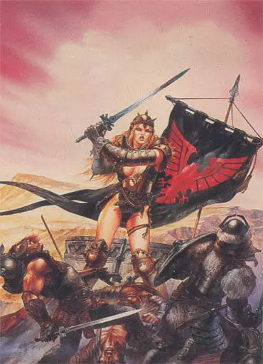 Fierce warrior woman with sword on fallen enemies in Luis Royo trading card artwork