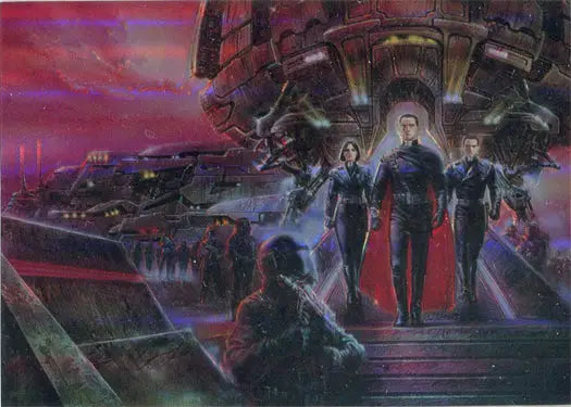 Futuristic spacecraft with figures on ramp featured in Luis Royo Chromium Base Card