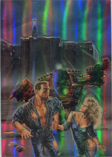 Holographic chromium base card featuring a sci-fi scene and cityscape by Luis Royo