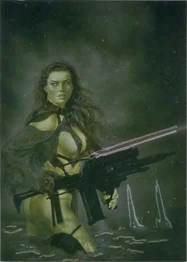 Woman with dark hair wielding futuristic rifle in Luis Royo Heavy Metal chase card