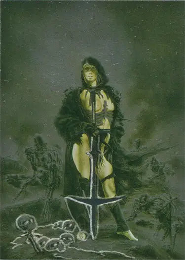 Scantily-clad warrior woman with sword in dark mist, Luis Royo Heavy Metal Chase Card M4