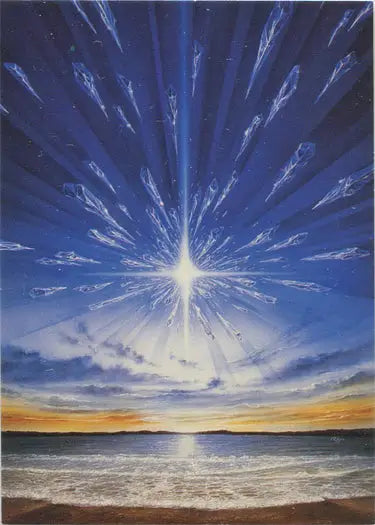 Radiant seascape light burst featured on Luis Royo trading card medallion 2021