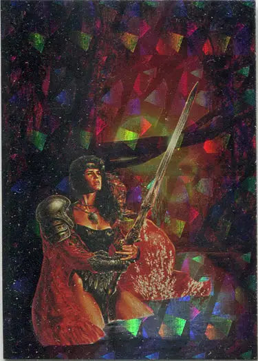 Fantasy warrior woman in armor with sword on Luis Royo Prism Chase Card artwork