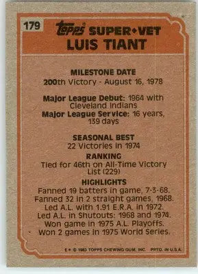 Luis Tiant - 1983 Topps - #179 - Baseball - Baseball Card Single