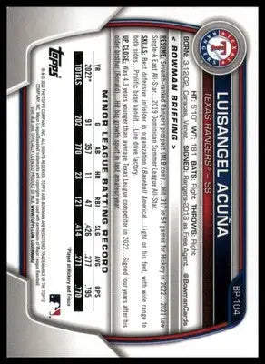 Luisangel Acuña 2023 Bowman Prospects #BP-104 Texas Rangers - Baseball Card Single