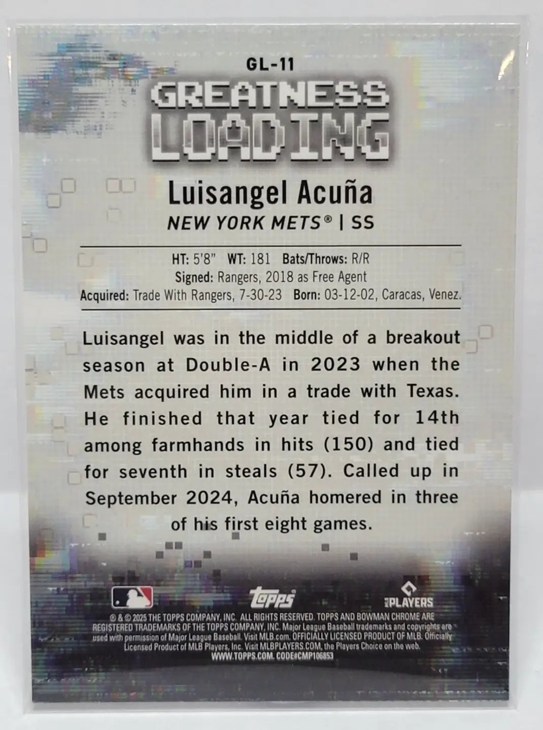 Luisangel Acuña baseball card from Bowman Greatness Loading series for New York Mets