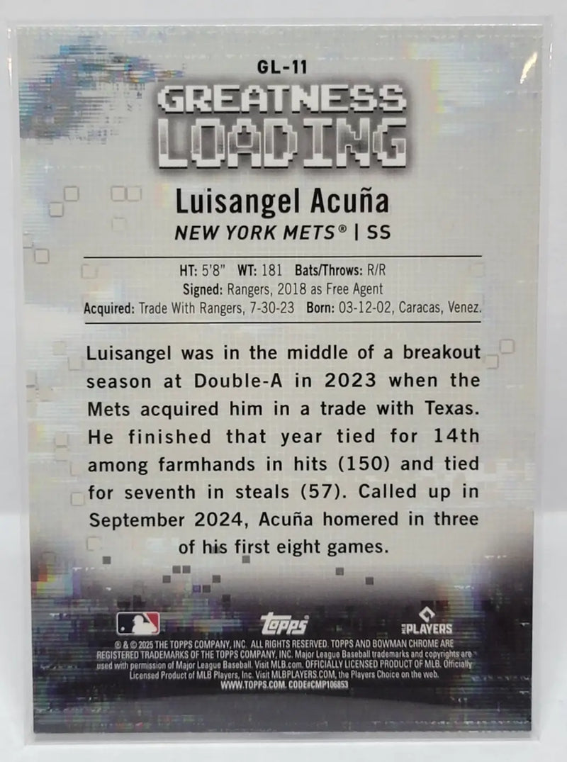 Luisangel Acuña baseball card from Bowman Greatness Loading series for New York Mets