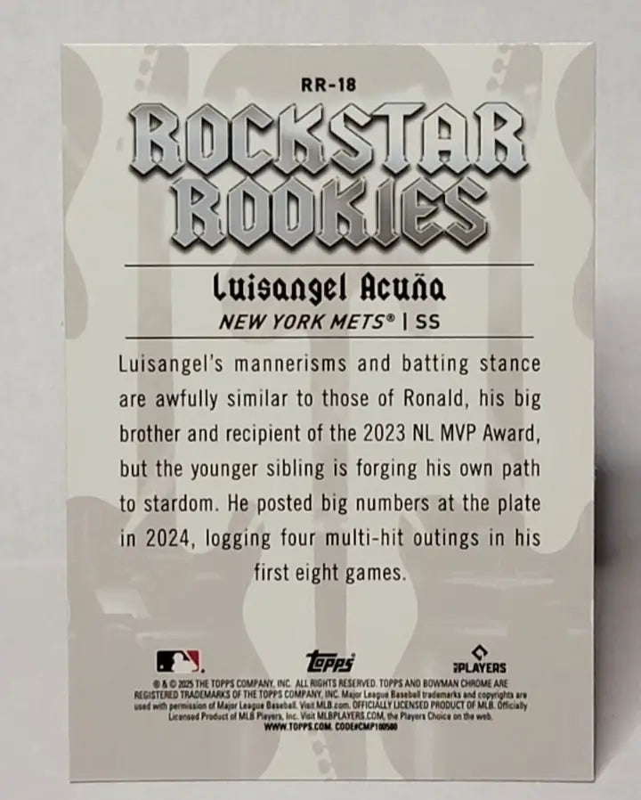 LUISANGEL ACUNA 2025 BOWMAN ROCKSTAR ROOKIES INSERT RC #RR-18 NEW YORK METS - Baseball Card Single