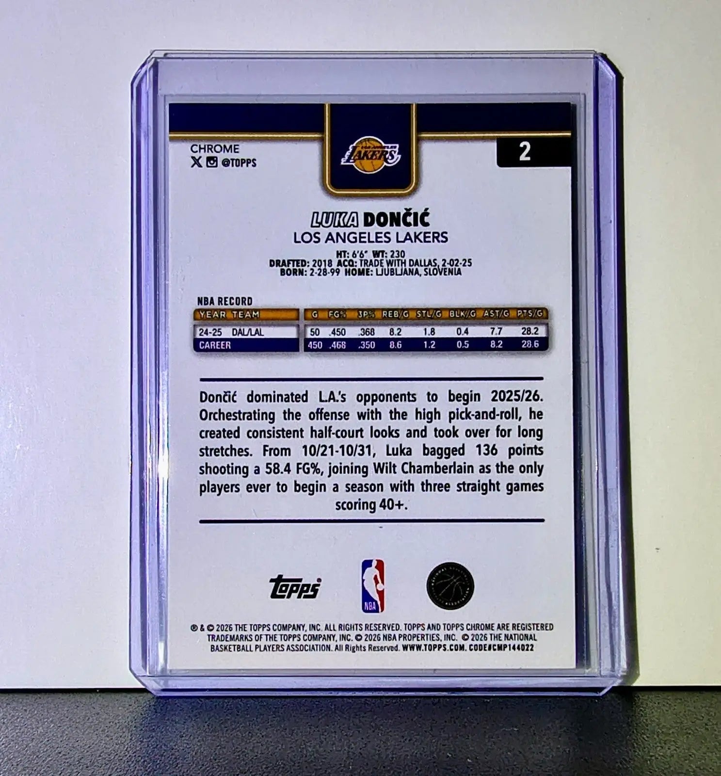 Luka Dončić 2025-26 NBA Topps Chrome Update #2 Card Los Angeles Lakers - Basketball Card Single