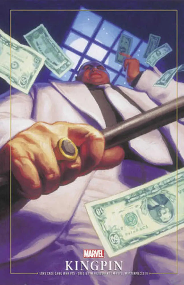 Hand holding knife with dollar bills, featured in Luke Cage trading cards collection