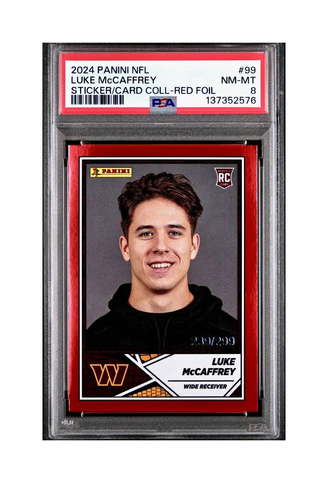 Luke McCaffrey 2024 Panini Sticker Collection 239/299 #99 Rookie Red Foil PSA 8 - Football Card Single
