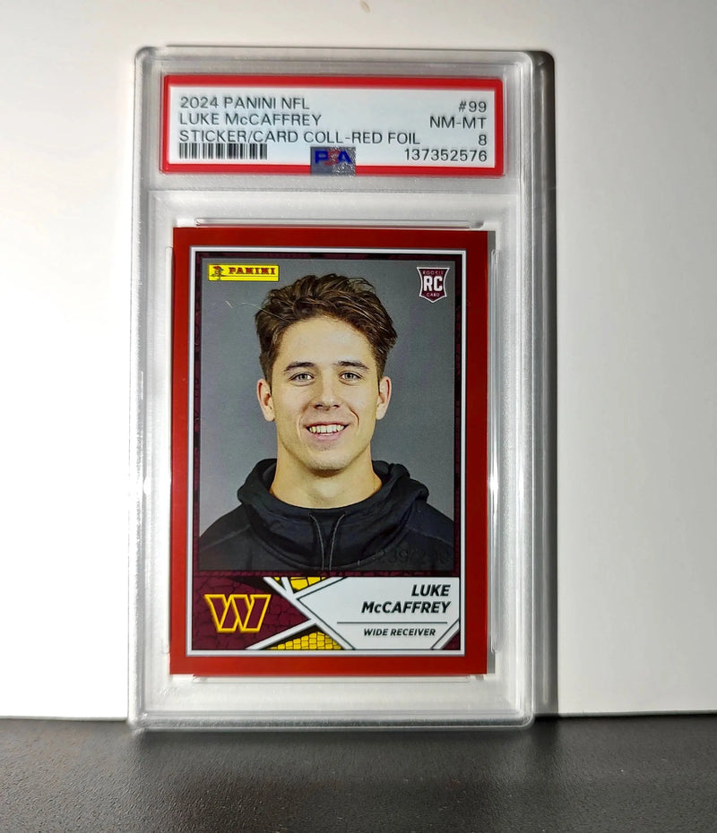 Luke McCaffrey 2024 Panini Sticker Collection 239/299 #99 Rookie Red Foil PSA 8 - Football Card Single