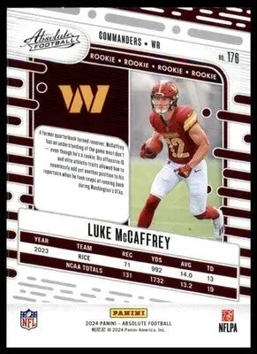 Luke McCaffrey Rookie 2024 Panini Absolute Retail #176 Washington Commanders