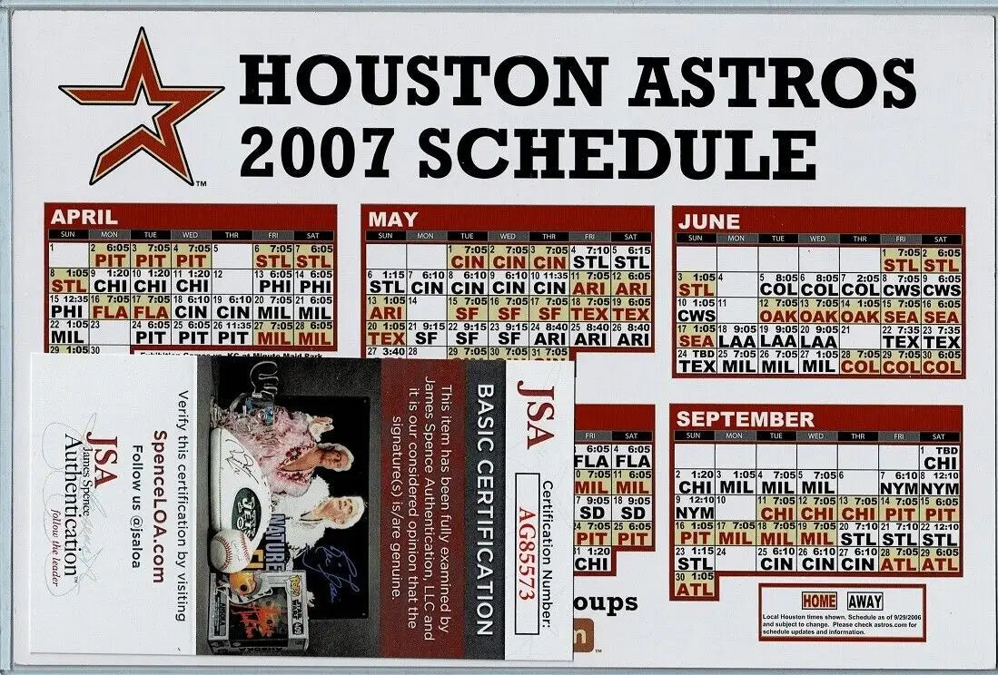 Houston Astros 2007 schedule card featuring Luke Scott’s 2006 home run information
