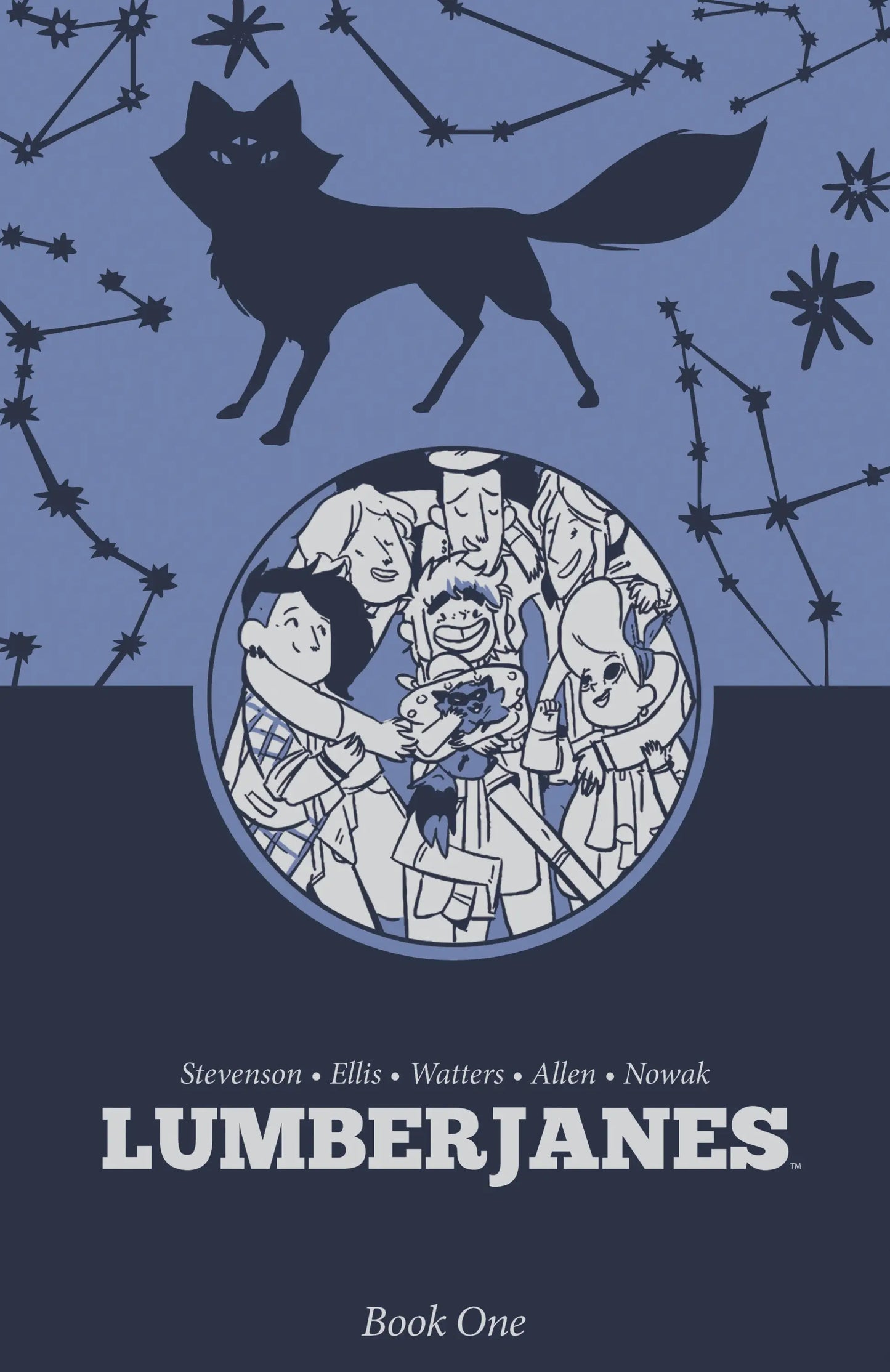 Lumberjanes Book One comic with dark blue cover featuring mythical creature and diverse characters