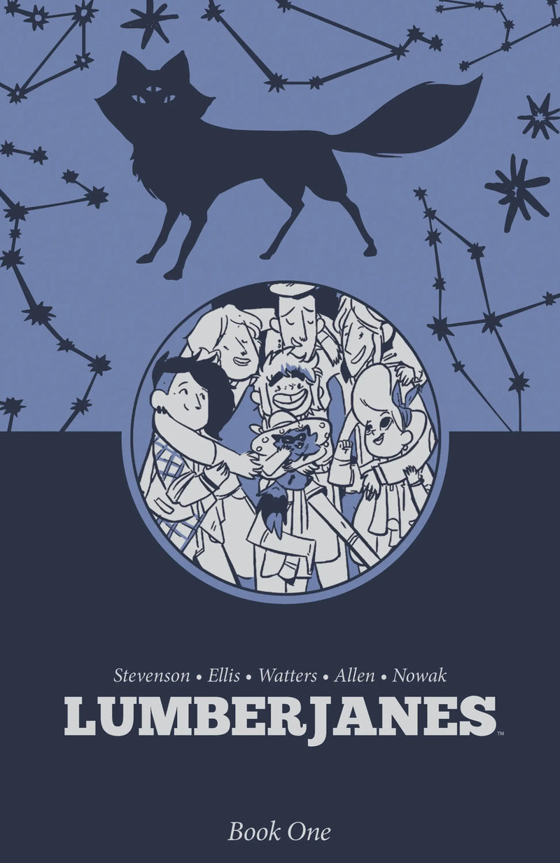 Lumberjanes Book One comic with dark blue cover featuring mythical creature and diverse characters