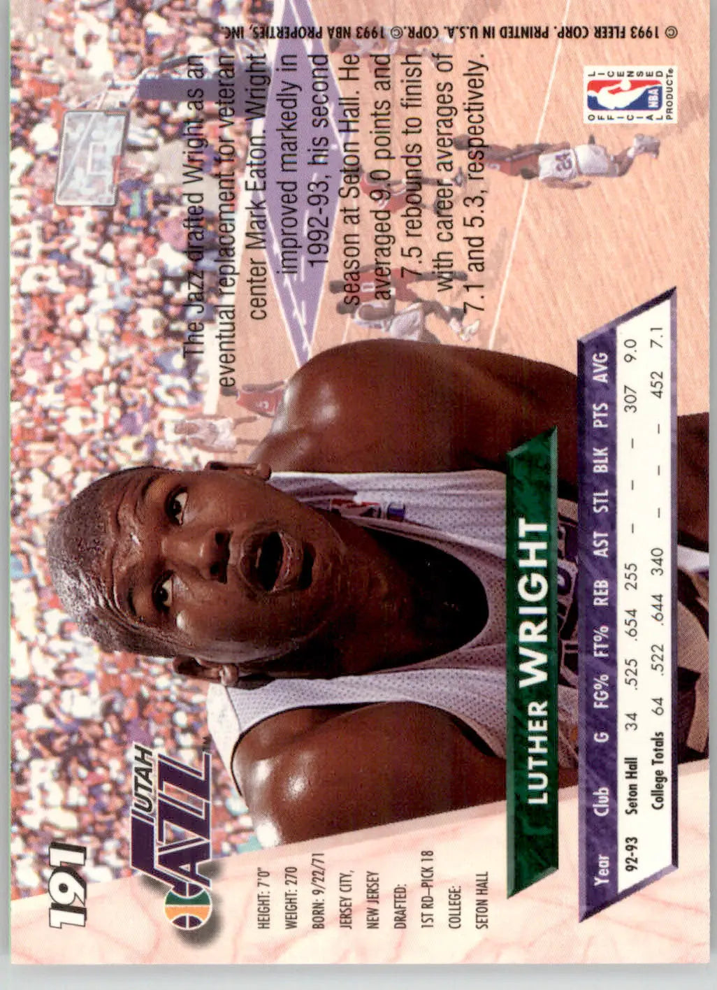 Luther Wright - 1993-94 Ultra - #191 - RC Basketball - Basketball Card Single