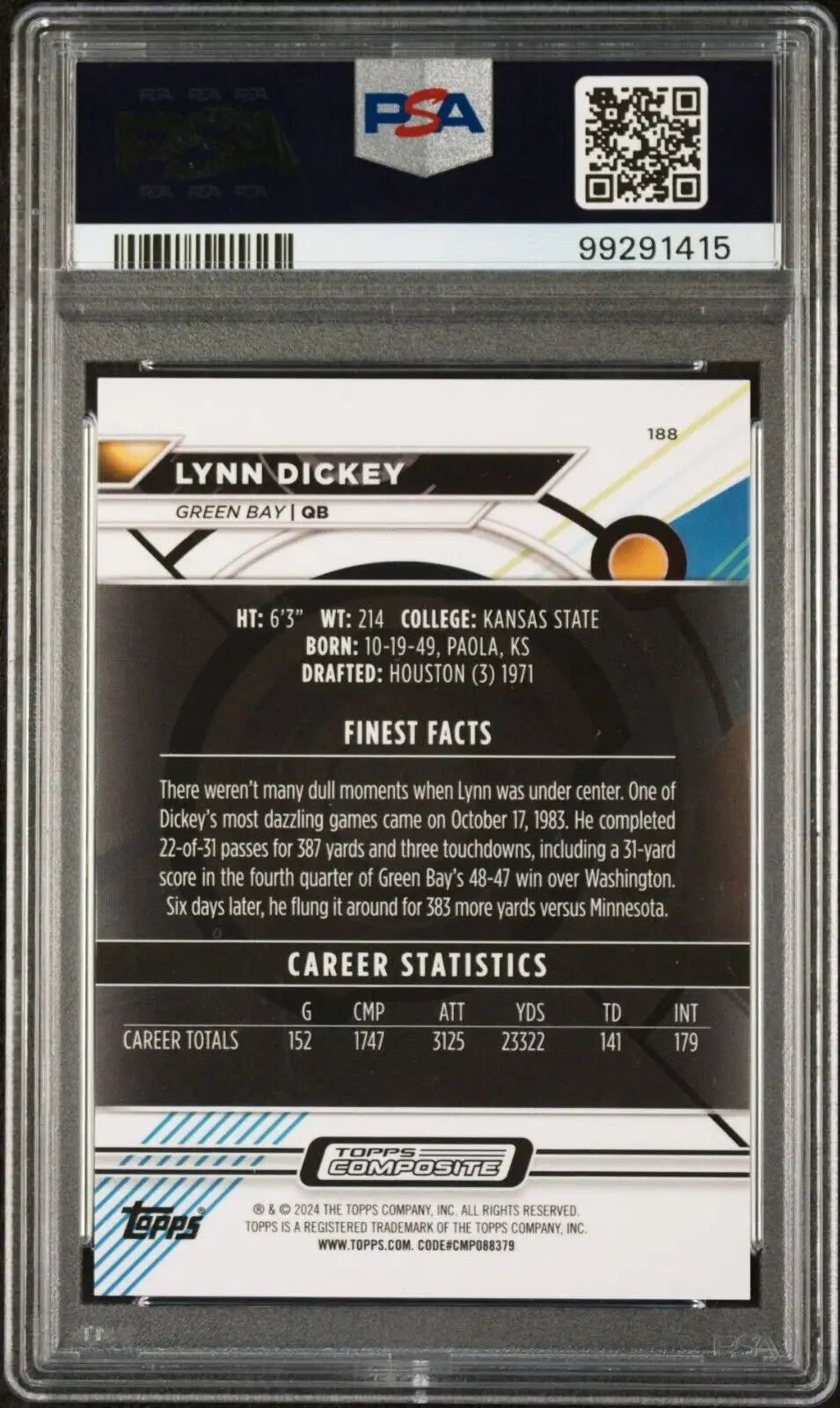 Lynn Dickey 2023 Topps Finest NFL #188 Gold Refractor 20/50 Card PSA 10 Gem Mint - Football Card Single
