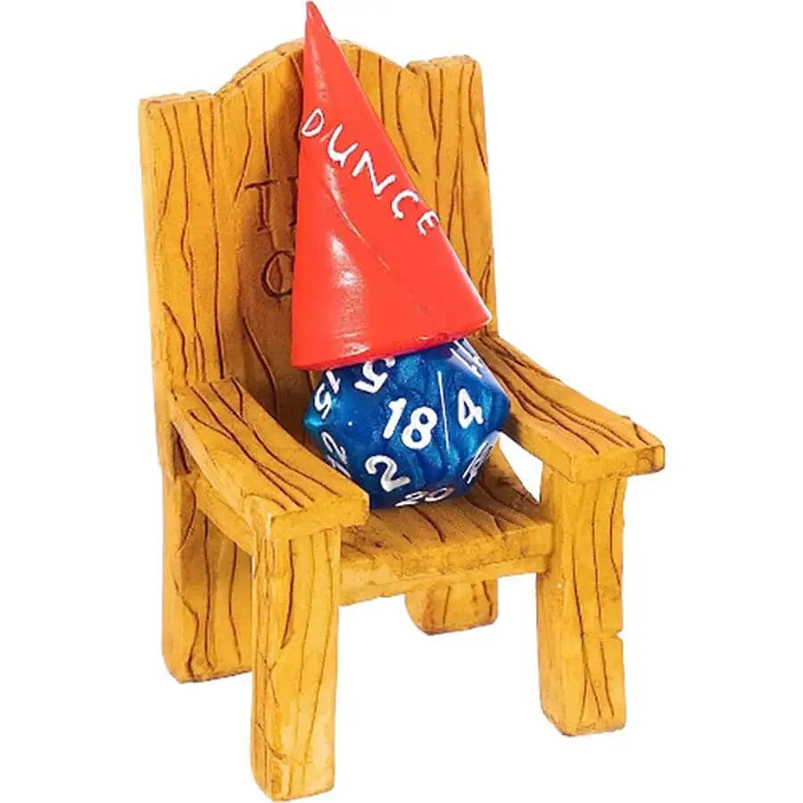 Blue d20 dice with a dunce hat in a wooden chair from Lynx Accessories collection