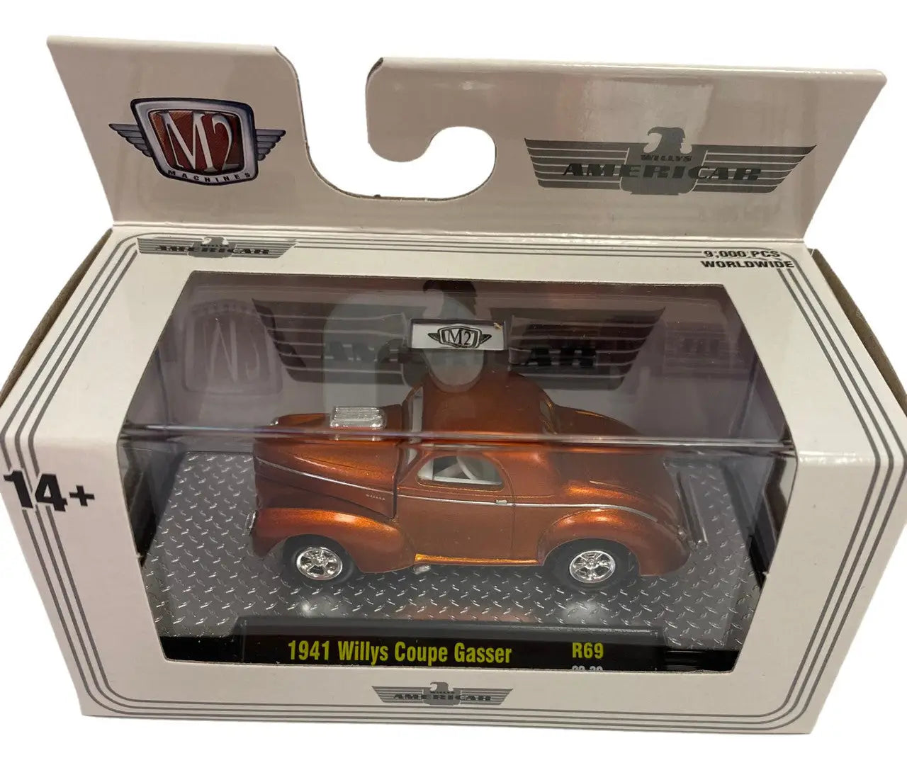 Die-cast model of a 1941 Willys Coupe Gasser in packaging for coupe gasser release