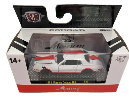 Packaged die-cast model car of a 1968 Mercury Cougar by M2 Machines for collectors