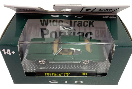 Die-cast model of a green 1969 Pontiac GTO in box for Pontiac GTO Release 69