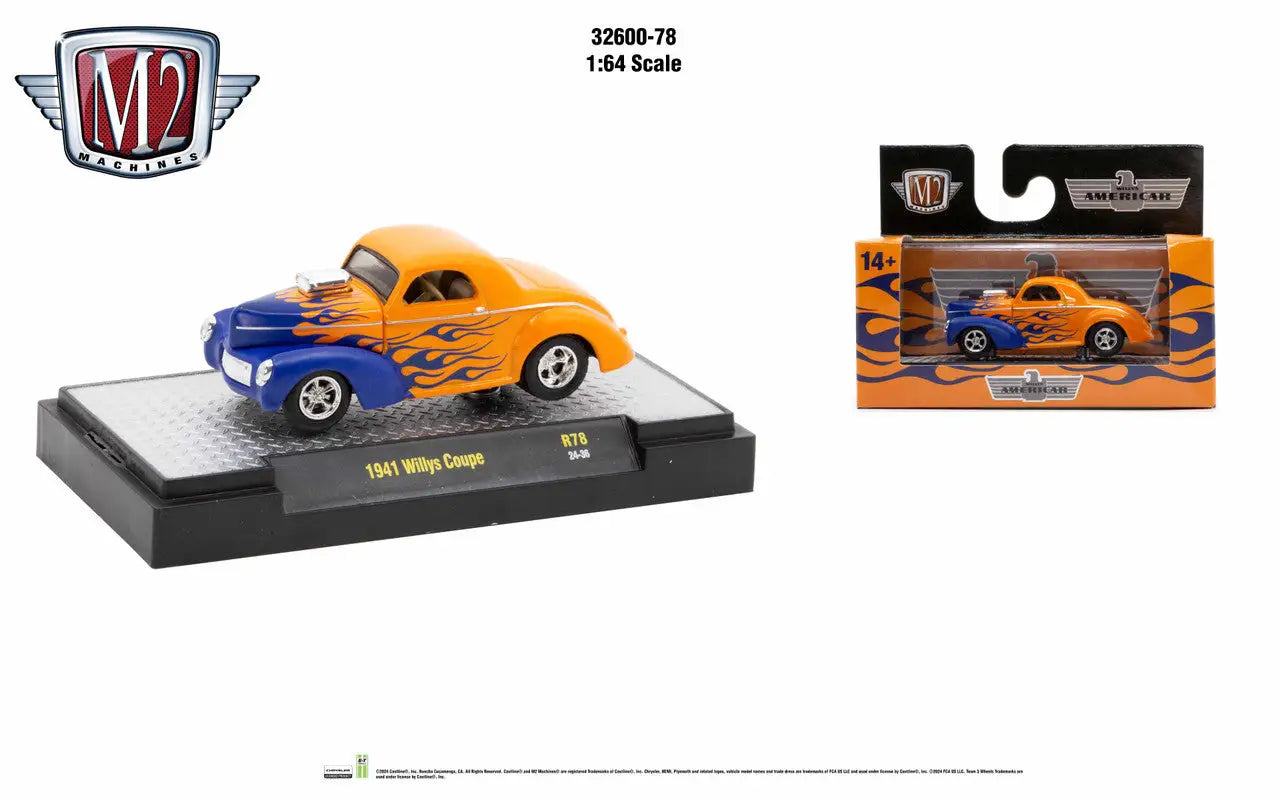 Orange 1941 Willys Coupe hot rod with blue flames from M2 Machines Auto Authentic series