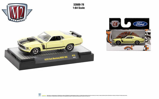 Yellow 1970 Ford Mustang BOSS 302 die-cast model from M2 Machines Auto Authentic series