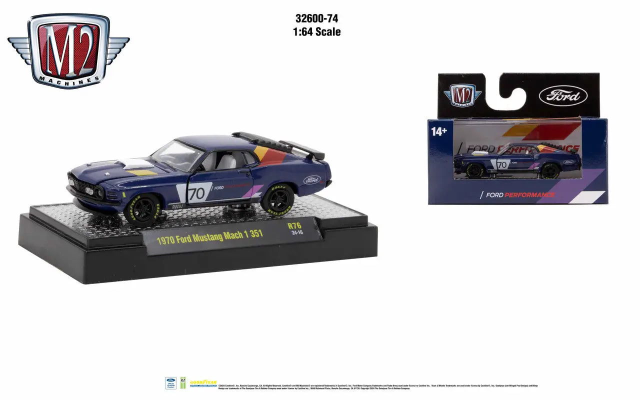 Blue Ford Mustang Mach 1 model car with racing decals from M2 Machines Auto Authentic collection