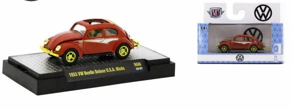Classic red Volkswagen Beetle Deluxe USA model car on display for M2 Machines release