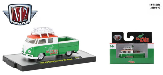 Green and white Volkswagen Double Cab Truck with red roof rack from M2 Machines Detroit Muscle