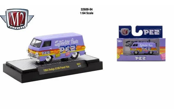 Purple and yellow 1965 Dodge A100 Panel Van die-cast model from M2 Machines Detroit Muscle R84